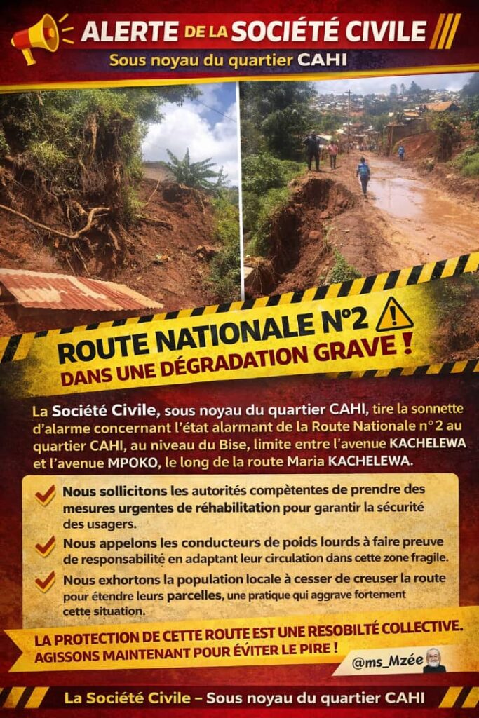 Bukavu : effondrement inquiétant de la RN2 au quartier Cahi RN2 à Cahi