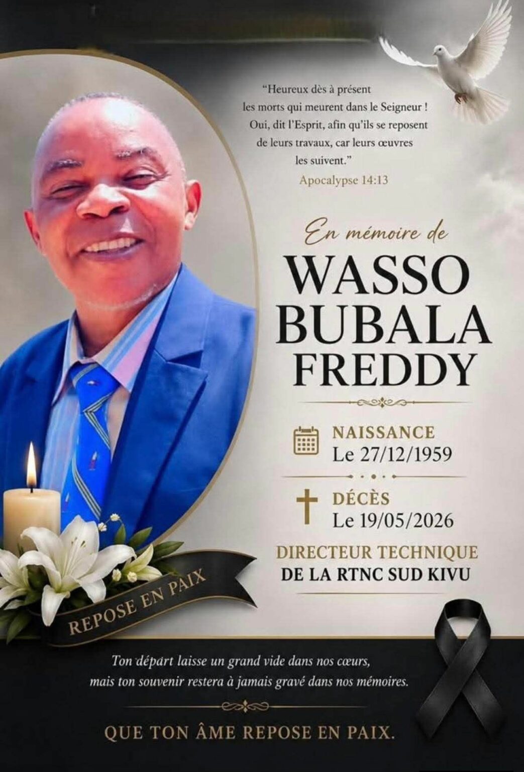 Bukavu : Freddy Wasso Bubala, pilier technique de la RTNC Sud-Kivu, inhumé aux cimetières de la Ruzizi Freddy Wasso B